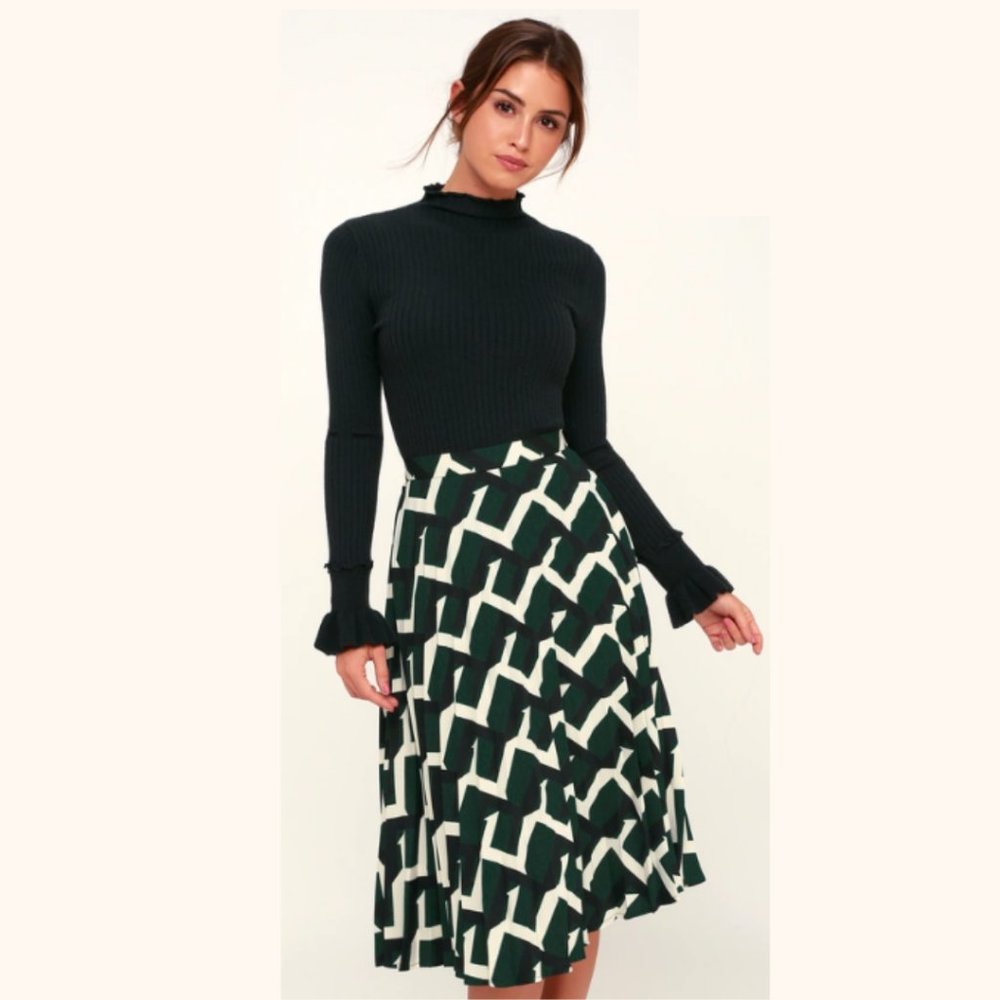 Tina Forest Green Print Pleated Midi Skirt